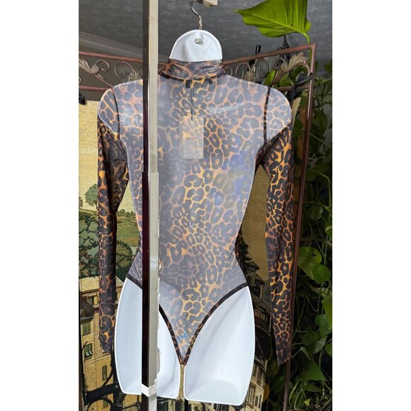 Bershka Leopard Print Mesh Bodysuit Long Sleeve High Neck - Picture 4 of 12